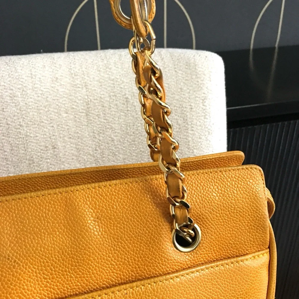 Authentic CHANEL large yellow caviar leather executive tote